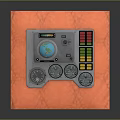 Silver Control Panel Equipment On Orange Background With Globe Component Knobs And Colorful Indicator Lights