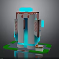 Modern 3D Tall Structure With Blue Top Red White Accents Green Base And Small Building