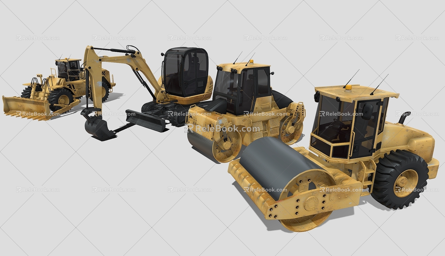 Engineering truck bulldozer tractor excavator road roller 3d model