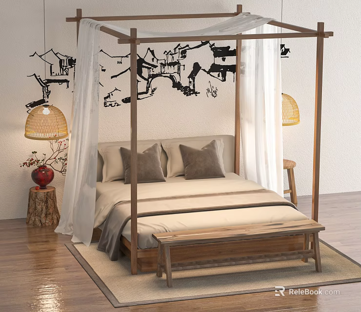 Four Poster Double Bed with Wooden Frame White Curtains and Chinese Architecture Wall Decor 3d model 