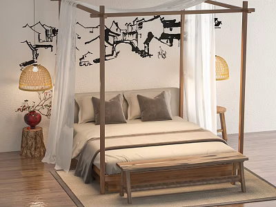 Four Poster Double Bed with Wooden Frame White Curtains and Chinese Architecture Wall Decor 3d model