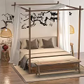 Four Poster Double Bed with Wooden Frame White Curtains and Chinese Architecture Wall Decor