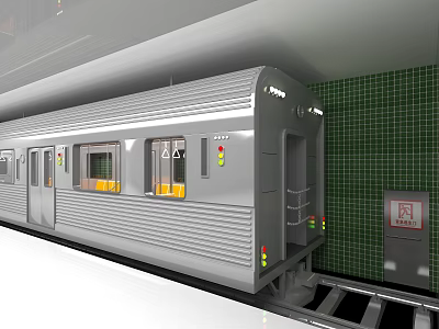 Silver Subway Train at Platform with Green Tiled Wall and Emergency Exit Sign 3d model