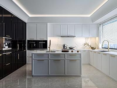 Contemporary Kitchen Interior Design With Black White Cabinets Island And Marble Countertop 3d model