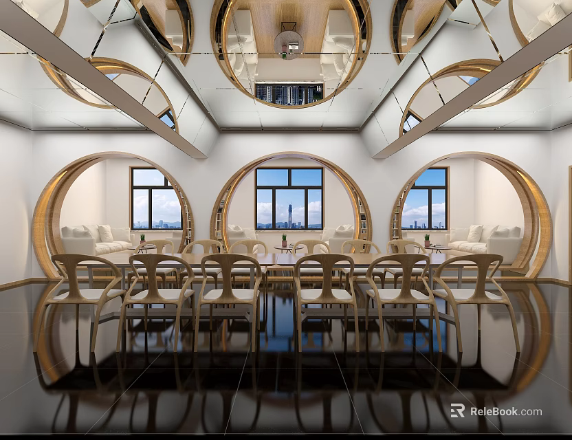 Book Art Inspired Modern Interior With Circular Arches Sofas And Windows 3d model