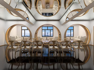 Book Art Inspired Modern Interior With Circular Arches Sofas And Windows 3d model