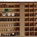 Chinese Style Wooden Display Cabinet With Neatly Arranged Tea Sets Teapots Cups And Canisters