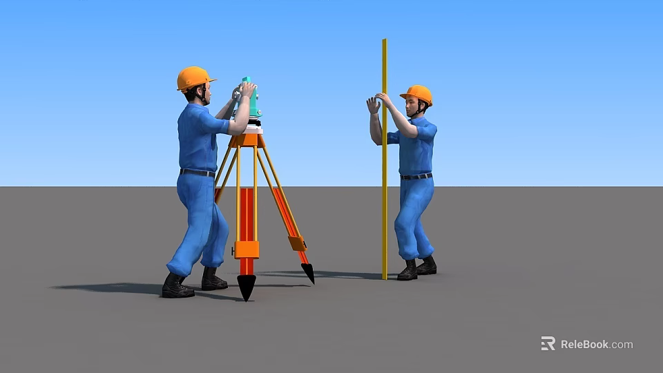 Men in Blue Work Uniforms Wearing Yellow Hard Hats Using Surveying Equipment and Measuring Rod 3d model 