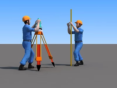 Men in Blue Work Uniforms Wearing Yellow Hard Hats Using Surveying Equipment and Measuring Rod 3d model
