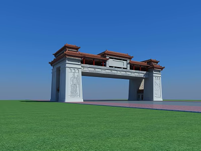 Traditional Chinese Archway Gate with Red Roof White Pillars and Green Grass Under Blue Sky 3d model