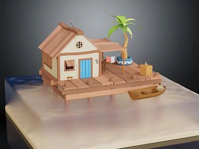 Wooden Waterfront House with Blue Door Palm Tree Platform and Small Boat 3d model