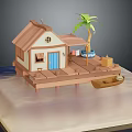 Wooden Waterfront House with Blue Door Palm Tree Platform and Small Boat
