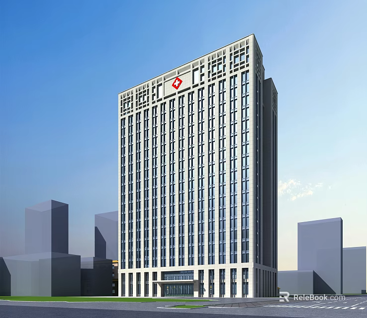 Modern High Rise Hospital Building With Glass Facade And Urban Cityscape 3d model 