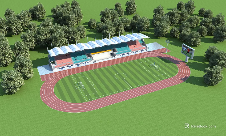 Public Sports Stadium with Red Track Football Field Green Stands and Trees Around 3d model 