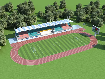 Public Sports Stadium with Red Track Football Field Green Stands and Trees Around 3d model