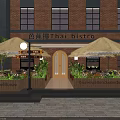 Thai Cafe Exterior With Red Brick Building Large Windows Thatch Umbrellas And Plant Decorations
