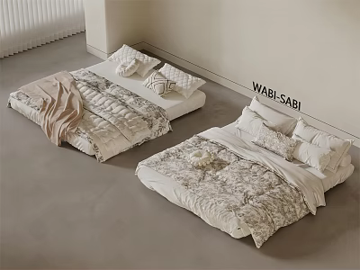 Wabi Sabi Style Mattress With Soft Quilt And Decorative Pillows In Minimalist Bedroom Interior 3d model