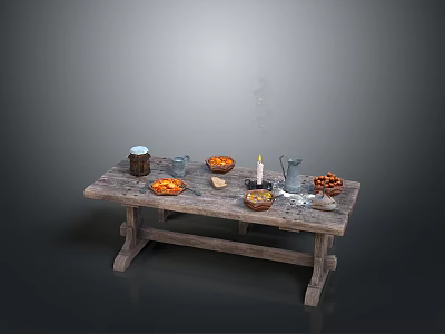 Rustic Wooden Dining Table with Lit Candle Bowls of Fruits and Food 3d model