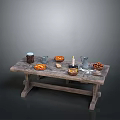Rustic Wooden Dining Table with Lit Candle Bowls of Fruits and Food