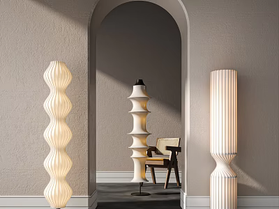 Stylish Floor Lamps with Various Designs in Cozy Interior Archway Chair and Soft Lighting 3d model