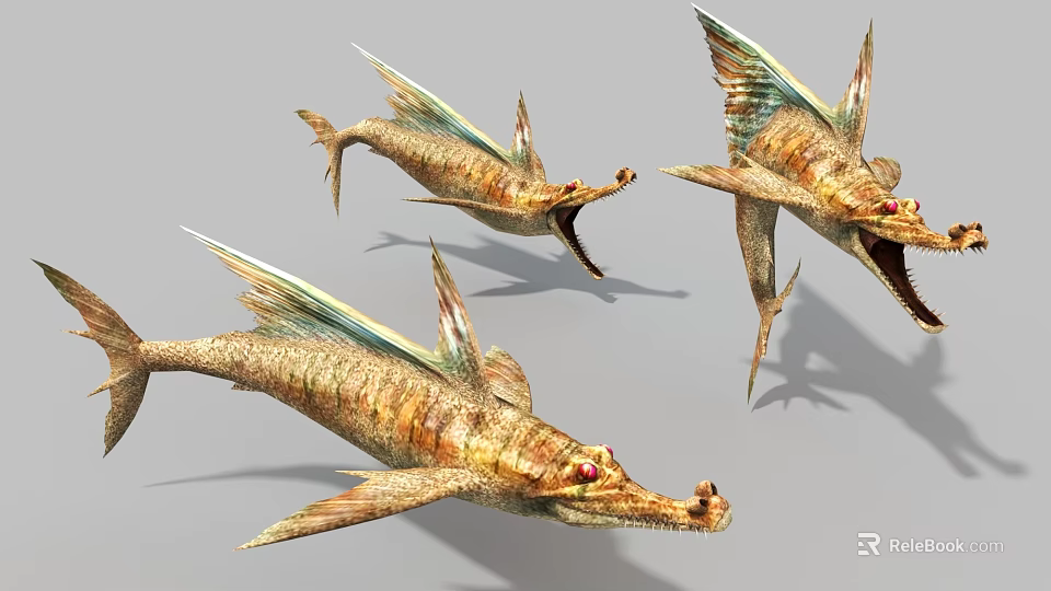 Winged Fish Crocodile Hybrid Game Movie Character With Golden Brown Scales Red Eyes Open Mouth 3d model 