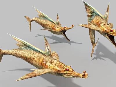 Winged Fish Crocodile Hybrid Game Movie Character With Golden Brown Scales Red Eyes Open Mouth 3d model