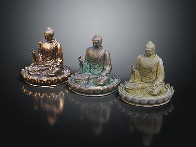 Three Ornate Seated Buddha Statues With Different Color Tones On Lotus Bases 3d model
