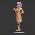3D Girl Character In Orange Dress With Red Scarf Holding Knife Standing On Blue Platform