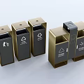 Public Facilities Modern Waste Sorting Bins With Golden Black Design And Recycling Symbols