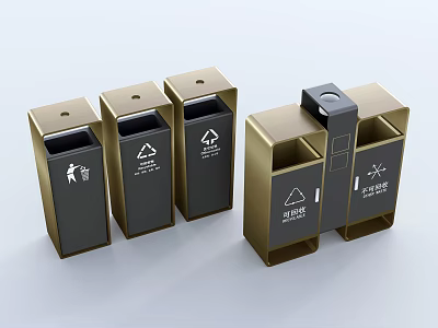 Public Facilities Modern Waste Sorting Bins With Golden Black Design And Recycling Symbols 3d model