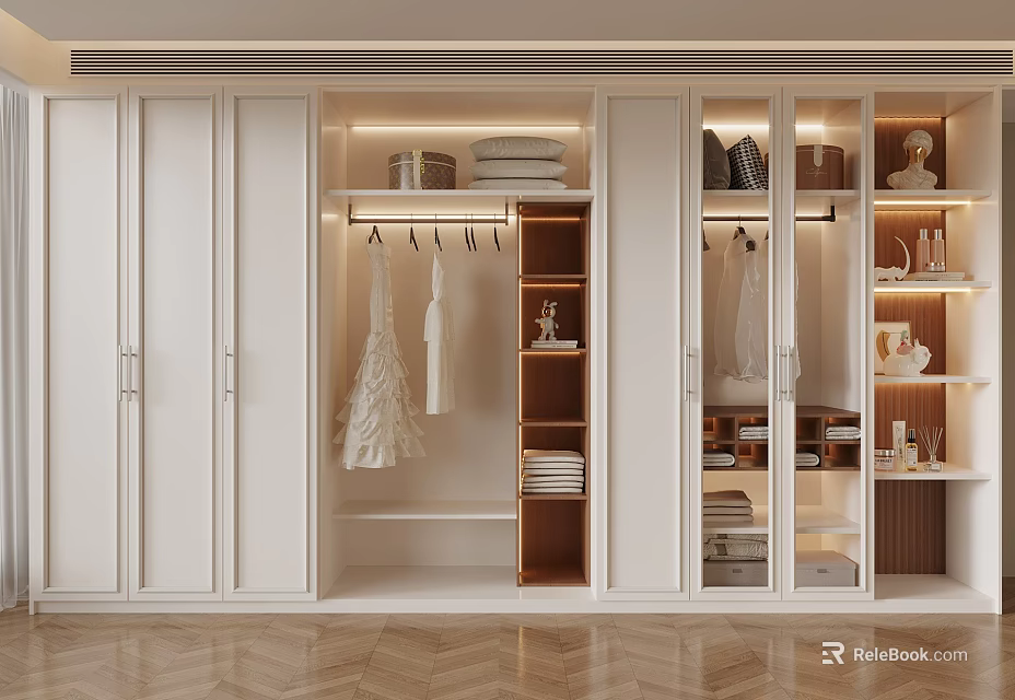 Modern Wardrobe Interior With Glass Doors Hanging Folded Clothes And Decorative Items 3d model 