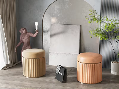 Modern Leather Ottomans in Beige Orange Tones with Gray Walls Arched Decor Green Plant Indoor 3d model