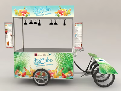 Mobile Ice Cream Vending Tricycle With Fruit Decor Canopy And Menu Boards 3d model