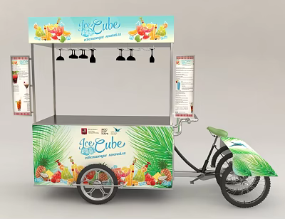 Mobile Ice Cream Vending Tricycle With Fruit Decor Canopy And Menu Boards 3d model
