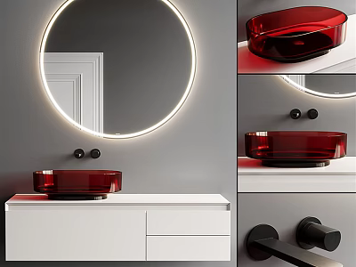 Modern Bathroom Vanity With Red Basin Round Illuminated Mirror White Cabinet And Black Faucet 3d model