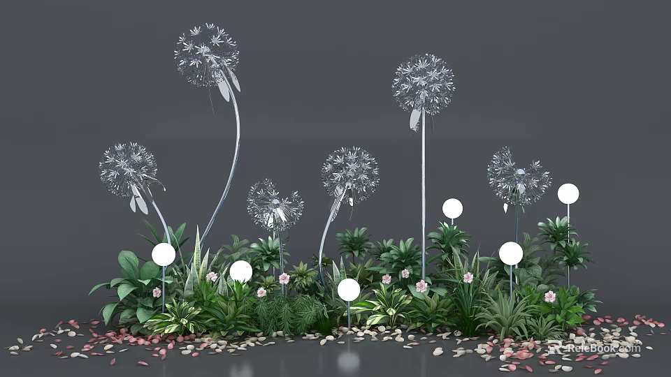 Dandelion Sculptures With Green Plants And White Spherical Lights In Garden Decor 3d model 