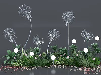 Dandelion Sculptures With Green Plants And White Spherical Lights In Garden Decor 3d model