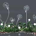 Dandelion Sculptures With Green Plants And White Spherical Lights In Garden Decor