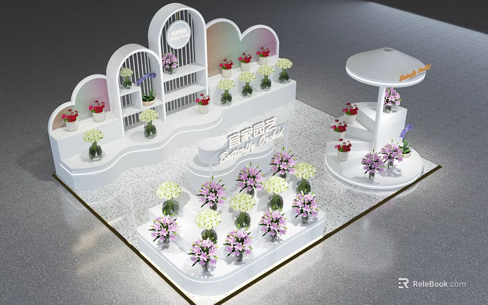 Flower Shop Interior With White Decorative Stands And Assorted Floral Displays 3d model 