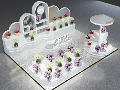 Flower Shop Interior With White Decorative Stands And Assorted Floral Displays 3d model