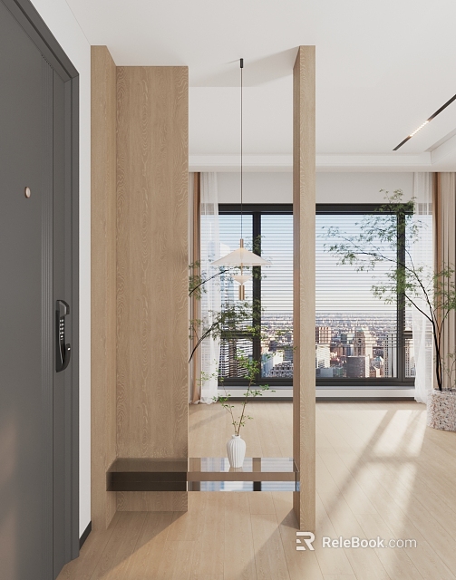 Wooden Partition In Modern Interior With Large Window Blinds City View And Plants 3d model 