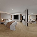 Hotel Room Interior Featuring Large Windows City View Comfortable Bed Wooden Floor And Seating Area
