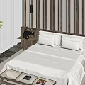Modern Double Bed Interior with Striped Headboard Striped Sheet White Pillows Nightstands and Lamps
