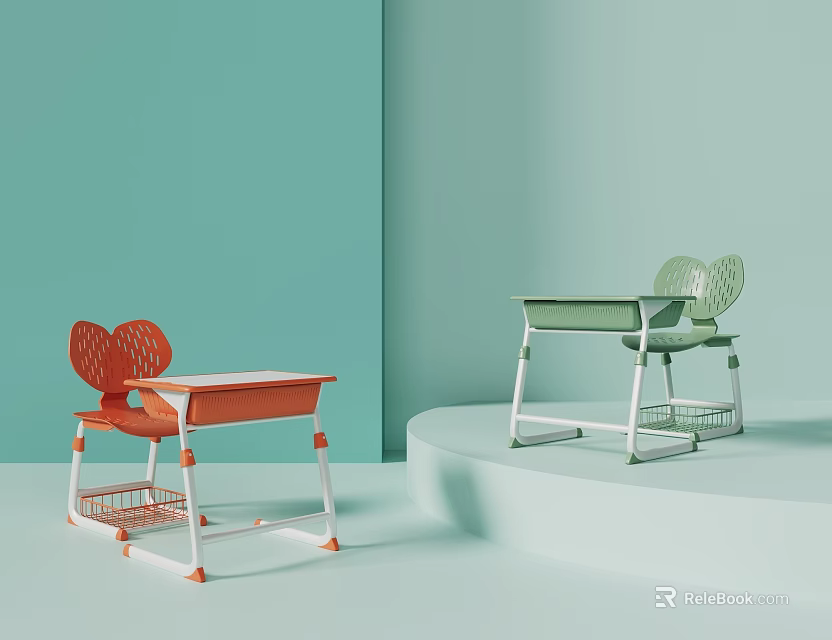 School Student Desks And Chairs With Red Green Heart Shaped Backrests And Under Desk Baskets 3d model 