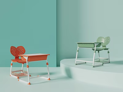 School Student Desks And Chairs With Red Green Heart Shaped Backrests And Under Desk Baskets 3d model
