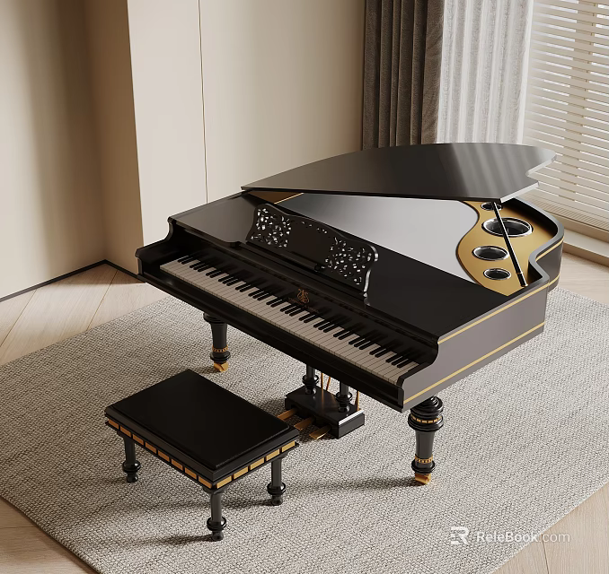 Elegant Black Grand Piano With Gold Accents And Matching Bench On Gray Carpet 3d model 