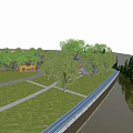 Outdoor Recreational Space With Colorful Pathways Surrounded By Trees And Play Structures