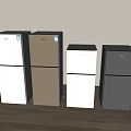 Four Double Door Refrigerators With Different Colors In Light Colored Walls And Wooden Floor Space
