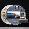 Elegant Modern TV Background Wall With Round Design And Floating Shelves Decorative Vases