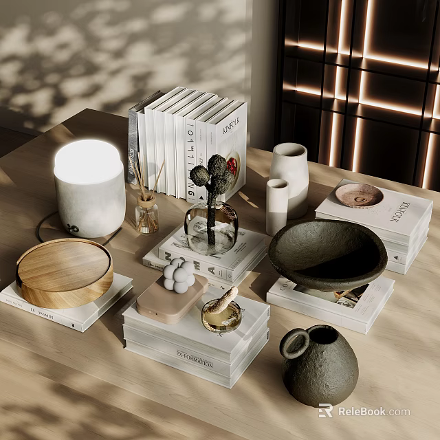 Modern Decorative Ornament Combination with Tabletop Books Lamp Cactus Wooden Tray and Ceramic Vases 3d model 